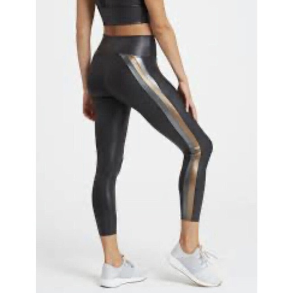 SPANX Pants - Spanx Women’s Black Faux Leather Multi Color Track Stripe Leggings Size XL